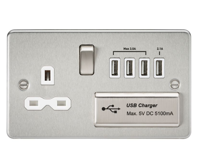 Knightsbridge FPR7USB4BCW Flat Plate 13A Switch Socket + 4xUSB - Brushed Chrome + White Insert - westbasedirect.com