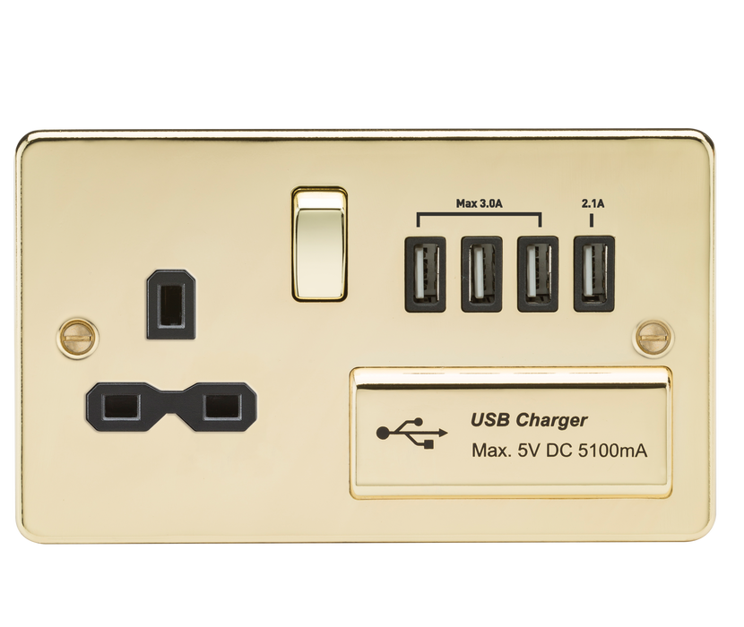 Knightsbridge FPR7USB4PB Flat Plate 13A Switch Socket + 4xUSB - Polished Brass + Black Insert - westbasedirect.com