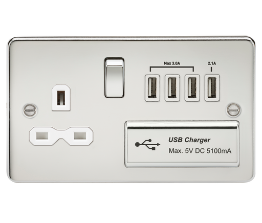 Knightsbridge FPR7USB4PCW Flat Plate 13A Switch Socket + 4xUSB - Polished Chrome + White Insert - westbasedirect.com