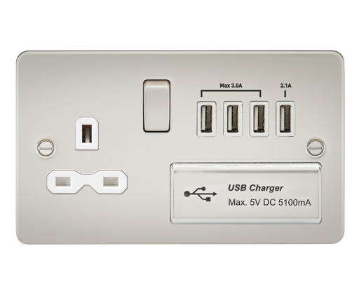 Knightsbridge FPR7USB4PLW Flat Plate 13A Switch Socket + 4xUSB - Pearl + White Insert - westbasedirect.com