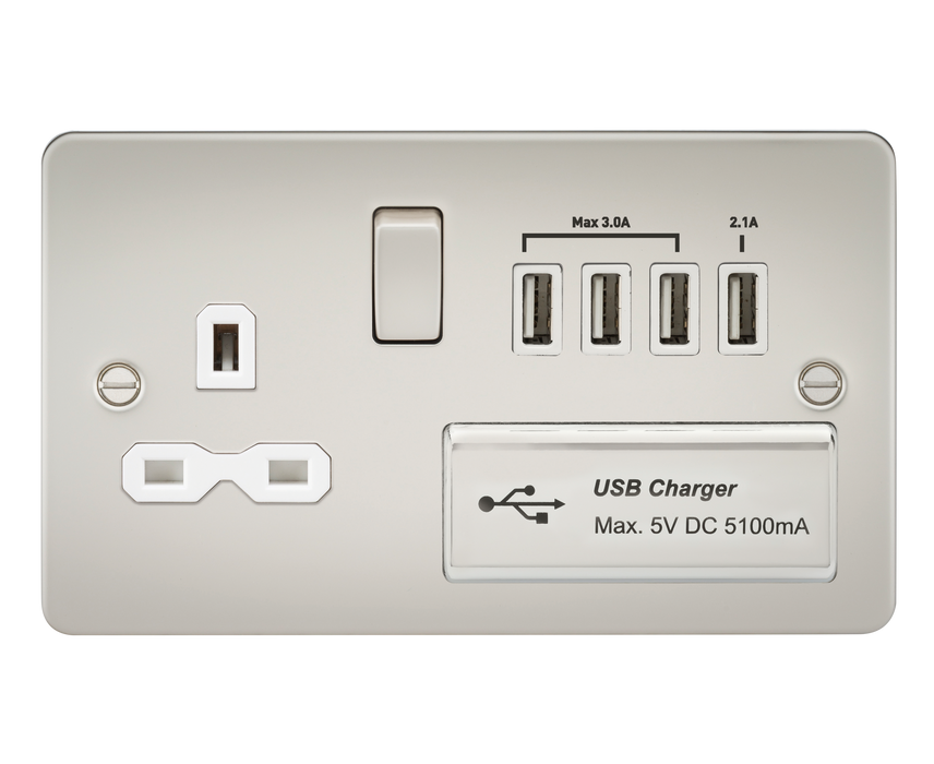 Knightsbridge FPR7USB4PLW Flat Plate 13A Switch Socket + 4xUSB - Pearl + White Insert - westbasedirect.com