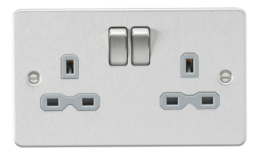 Knightsbridge FPR9000BCG Flat Plate 13A 2G DP Switch Socket - Brushed Chrome + Grey Insert - westbasedirect.com