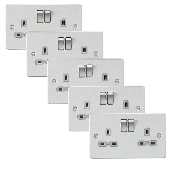 Knightsbridge FPR9000BCGx5 Flat Plate 13A 2G DP Switch Socket - Brushed Chrome + Grey Insert (5 Pack)