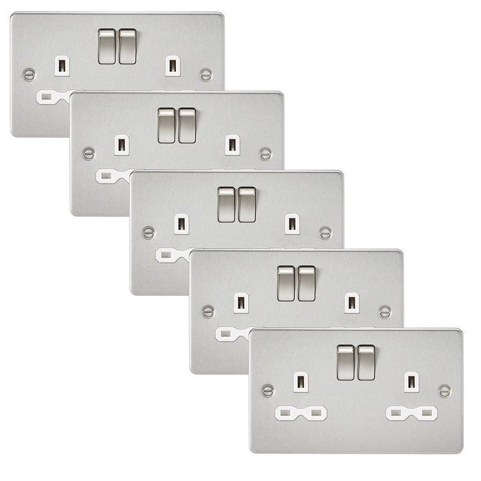 Knightsbridge FPR9000BCWx5 Flat Plate 13A 2G DP Switch Socket - Brushed Chrome + White Insert (5 Pack)