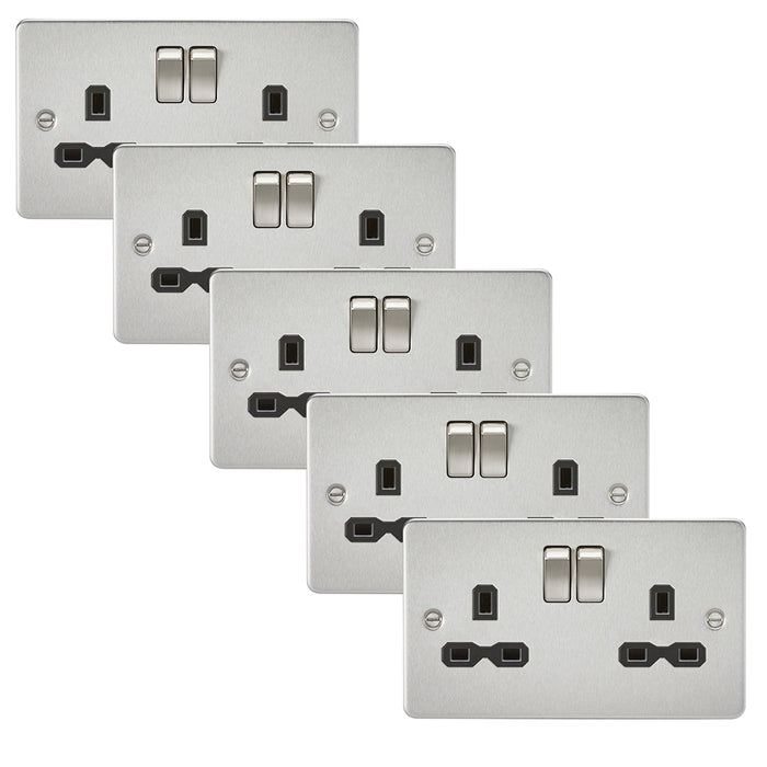 Knightsbridge FPR9000BCx5 Flat Plate 13A 2G DP Switch Socket - Brushed Chrome + Black Insert (5 Pack)