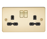 Knightsbridge FPR9000PB Flat Plate 13A 2G DP Switch Socket - Polished Brass + Black Insert