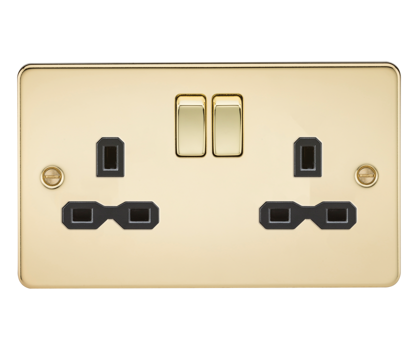 Knightsbridge FPR9000PB Flat Plate 13A 2G DP Switch Socket - Polished Brass + Black Insert - westbasedirect.com