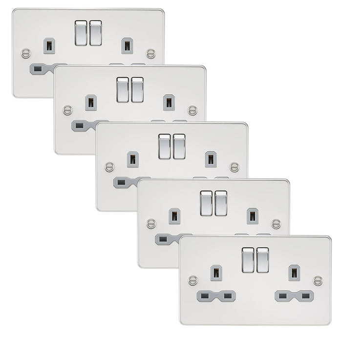 Knightsbridge FPR9000PCGx5 Flat Plate 13A 2G DP Switch Socket - Polished Chrome + Grey Insert (5 Pack)