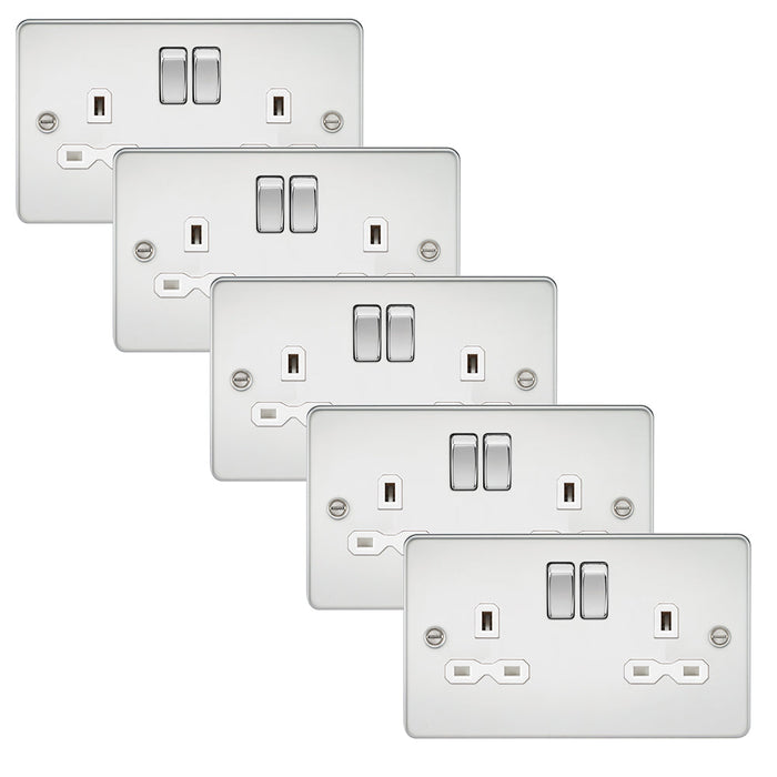 Knightsbridge FPR9000PCWx5 Flat Plate 13A 2G DP Switch Socket - Polished Chrome + White Insert (5 Pack)