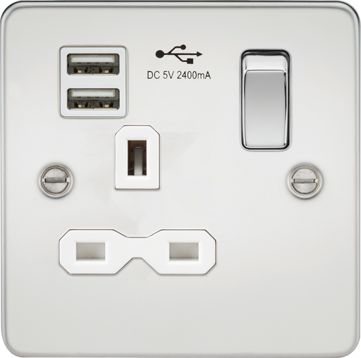 Knightsbridge FPR9124PCW Flat plate 13A 1G Switch Socket + 2xUSB 2.4A - Polished Chrome + White Insert - westbasedirect.com