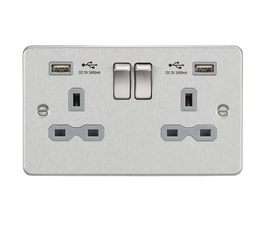 Knightsbridge FPR9224BCG Flat Plate 13A 2G Switch Socket + 2xUSB 2.4A - Brushed Chrome + Grey Insert - westbasedirect.com