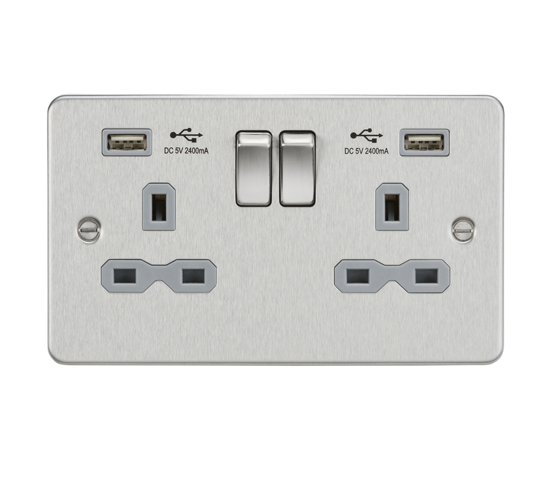 Knightsbridge FPR9224BCG Flat Plate 13A 2G Switch Socket + 2xUSB 2.4A - Brushed Chrome + Grey Insert - westbasedirect.com