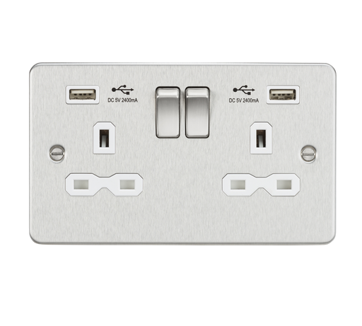 Knightsbridge FPR9224BCW Flat Plate 13A 2G Switch Socket + 2xUSB 2.4A - Brushed Chrome + White Insert - westbasedirect.com