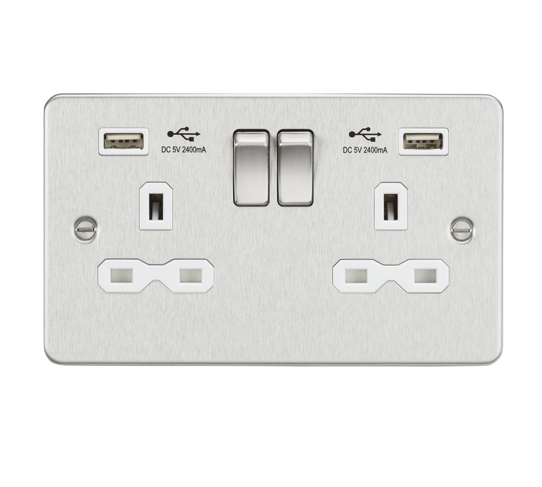 Knightsbridge FPR9224BCW Flat Plate 13A 2G Switch Socket + 2xUSB 2.4A - Brushed Chrome + White Insert - westbasedirect.com