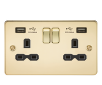 Knightsbridge FPR9224PB Flat Plate 13A 2G Switch Socket + 2xUSB 2.4A - Polished Brass + Black Insert