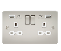 Knightsbridge FPR9224PLW Flat Plate 13A 2G Switch Socket + 2xUSB 2.4A - Pearl + White Insert