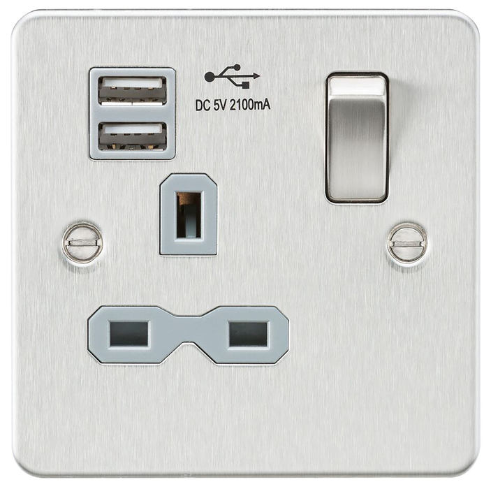 Knightsbridge FPR9901BCG Flat Plate 13A 1G Switch Socket + 2xUSB 2.1A - Brushed Chrome + Grey Insert - westbasedirect.com