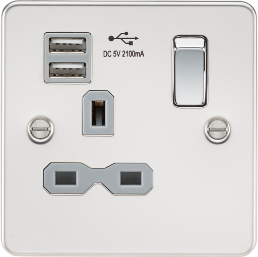 Knightsbridge FPR9901PCG Flat Plate 13A 1G Switch Socket + 2xUSB 2.1A - Polished Chrome + Grey Insert - westbasedirect.com