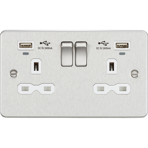 Knightsbridge FPR9904NBCW Flat Plate 13A 2G Switch Socket + USB 2.4A - Brushed Chrome + White Insert - westbasedirect.com