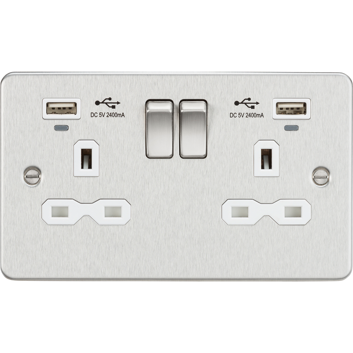 Knightsbridge FPR9904NBCW Flat Plate 13A 2G Switch Socket + USB 2.4A - Brushed Chrome + White Insert - westbasedirect.com