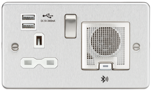 Knightsbridge FPR9905BCW Flat Plate 13A Socket + USB 2.4A + BT Speaker - Brushed Chrome + White Insert - westbasedirect.com