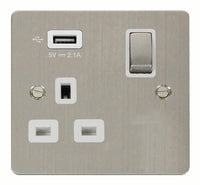 Click Define FPSS571UWH Flat Plate 13A Ingot 1G Switched Socket + 1x2.1A USB - Stainless Steel (White)