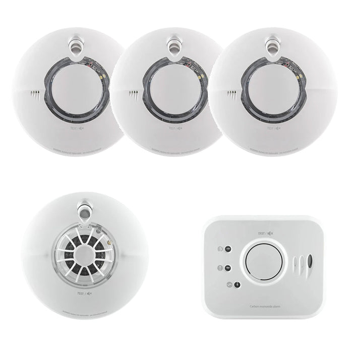 FireAngel Battery Powered FS2126-T 3x Multi-Sensor Smoke, FS1226-T 1x Heat & FS1326-T 1x CO Alarm with 10Yr Sealed Lithium Battery