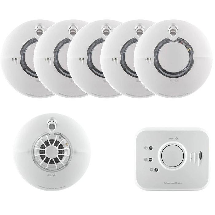 FireAngel Battery Powered FS2126-T 5x Multi-Sensor Smoke, FS1226-T 1x Heat & FS1326-T 1x CO Alarm with 10Yr Sealed Lithium Battery