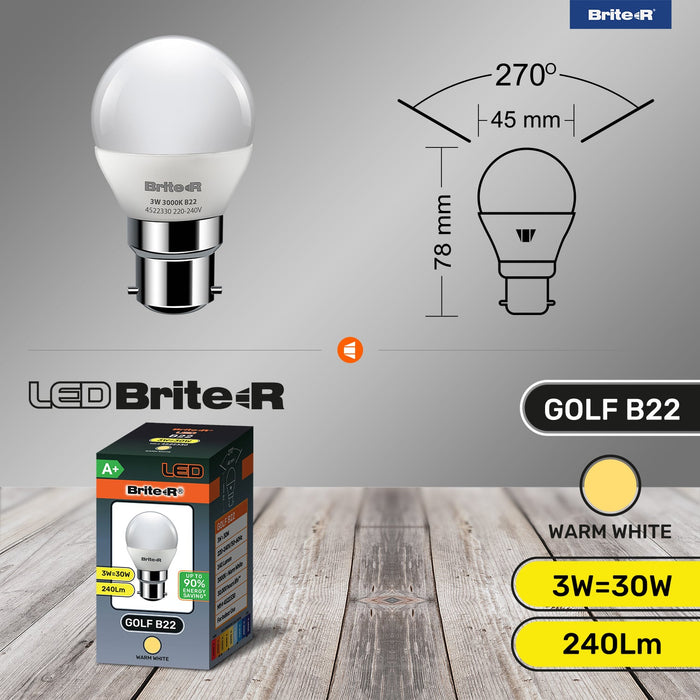 Brite-R 3W B22 BC Golf LED Bulb Warm White 3000K - westbasedirect.com