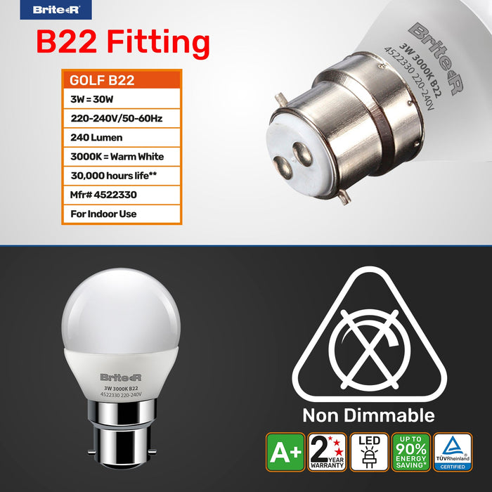 Brite-R 3W B22 BC Golf LED Bulb Warm White 3000K - westbasedirect.com