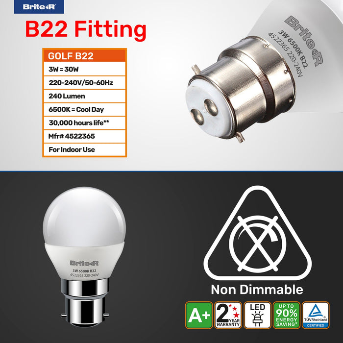 Brite-R 3W B22 BC Golf LED Bulb Cool White 6500K - westbasedirect.com