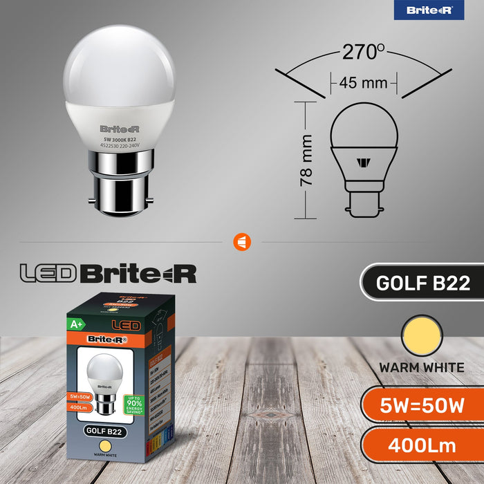 Brite-R 5W B22 BC Golf LED Bulb Warm White 3000K - westbasedirect.com