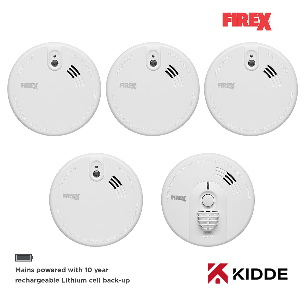 Kidde Firex 4x KF20R Optical Smoke & 1x KF30R Heat Alarm Kit Mains Pow ...
