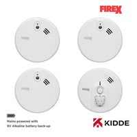 Kidde Firex 3x KF20 Optical Smoke & 1x KF30 Heat Alarm Kit Mains Powered with 9V Alkaline Battery Back-Up