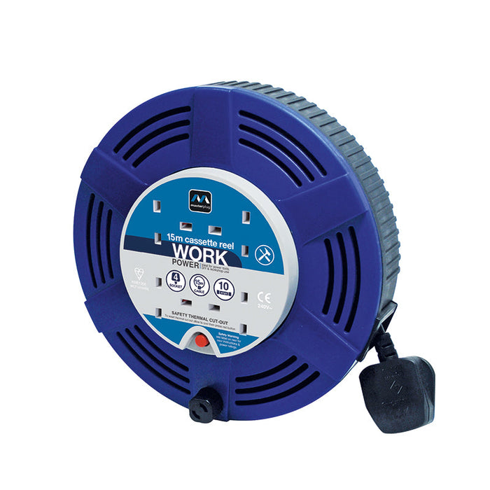 Masterplug 4 Socket 15m 10A Large Cassette Reel - Blue - westbasedirect.com