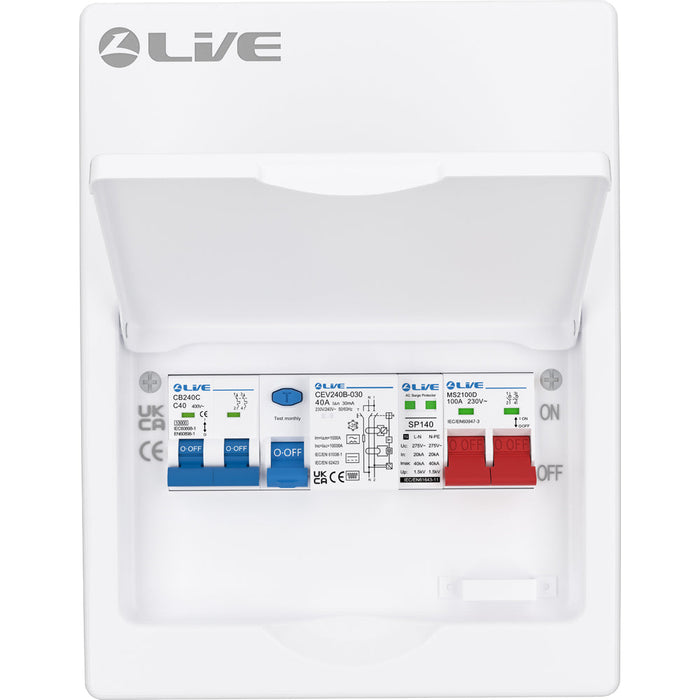LIVE Electrical LHP840MSB 8 Module Metal Heat Pump Consumer Unit c/w 100A Main Switch, 40A Type B RCCB, 2P 40A C Curve 10kA MCB & T2 20/40kA SPD