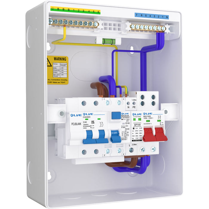 LIVE Electrical LHP840MSF 8 Module Metal Heat Pump Consumer Unit c/w 100A Main Switch, 40A Type F RCD, 2P 40A B Curve 6kA MCB & T2 20/40kA SPD