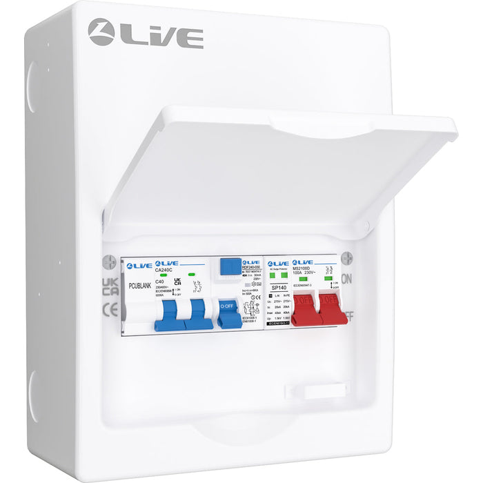 LIVE Electrical LHP840MSF 8 Module Metal Heat Pump Consumer Unit c/w 100A Main Switch, 40A Type F RCD, 2P 40A B Curve 6kA MCB & T2 20/40kA SPD