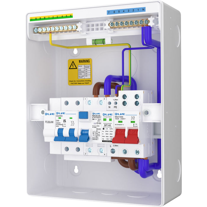 LIVE Electrical LHP840MSF 8 Module Metal Heat Pump Consumer Unit c/w 100A Main Switch, 40A Type F RCD, 2P 40A B Curve 6kA MCB & T2 20/40kA SPD