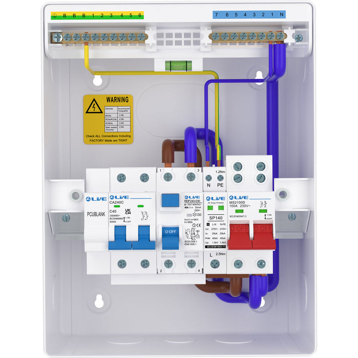 LIVE Electrical LHP840MSF 8 Module Metal Heat Pump Consumer Unit c/w 100A Main Switch, 40A Type F RCD, 2P 40A B Curve 6kA MCB & T2 20/40kA SPD
