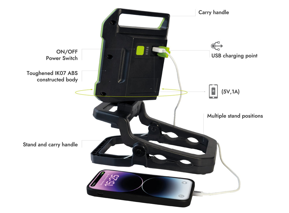 Luceco LILC10G65 Rechargeable Folding Clamp Worklight 1000lm 9W 6500K - USB Charged