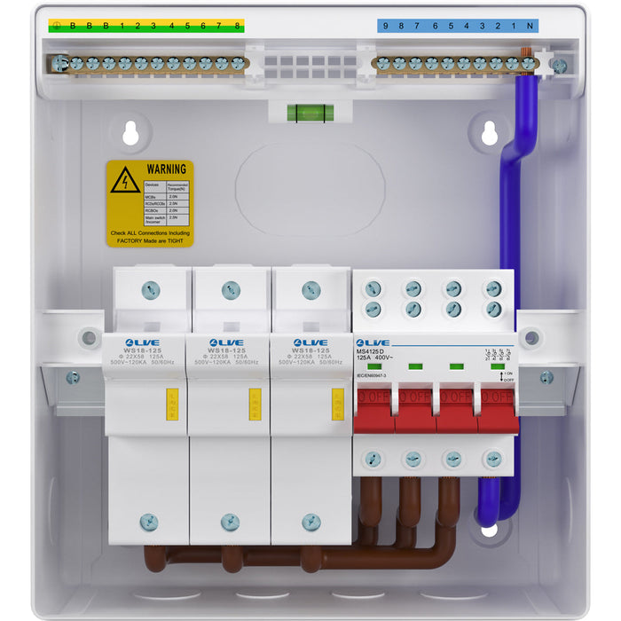 LIVE Electrical LSFS125 Three Phase Metal Fused Switch c/w 4P 125A Main Switch & 3x125A Fuse Holders