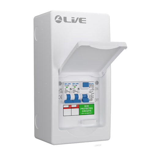LIVE Electrical LSGU40616 4 Way IP40 Metal Garage Unit with 40A 30mA Type A RCD, B6A/B16A MCB - westbasedirect.com