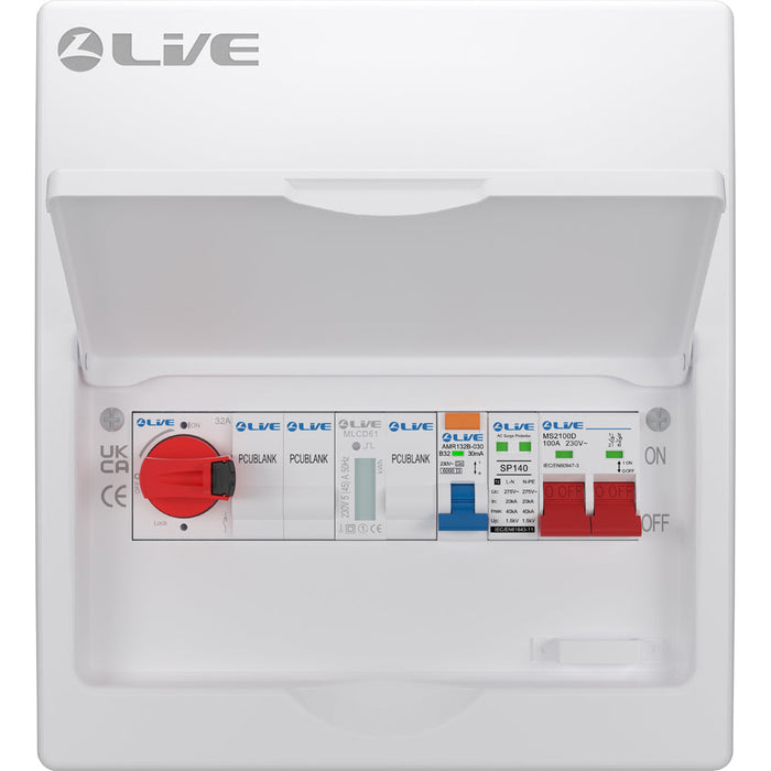 LIVE Electrical LSMC1032-R32 10 Module Metal PV AC Consumer Unit c/w DP 100A Main Switch, 32A Type A RCBO B Curve, 32A AC Isolator & T2 20/40kA SPD - westbasedirect.com