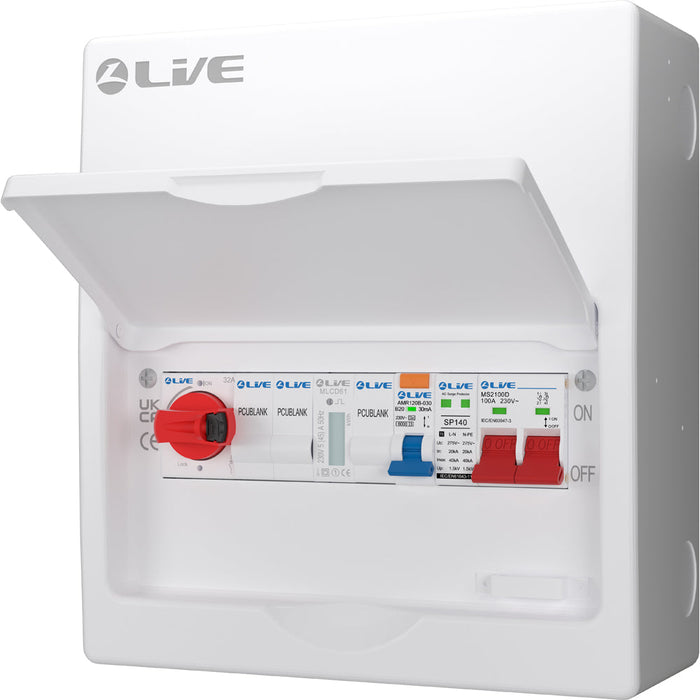 LIVE Electrical LSMC1032-R32 10 Module Metal PV AC Consumer Unit c/w DP 100A Main Switch, 32A Type A RCBO B Curve, 32A AC Isolator & T2 20/40kA SPD - westbasedirect.com
