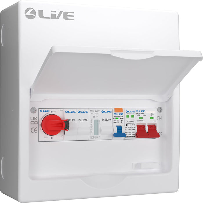 LIVE Electrical LSMC1032-R32 10 Module Metal PV AC Consumer Unit c/w DP 100A Main Switch, 32A Type A RCBO B Curve, 32A AC Isolator & T2 20/40kA SPD - westbasedirect.com