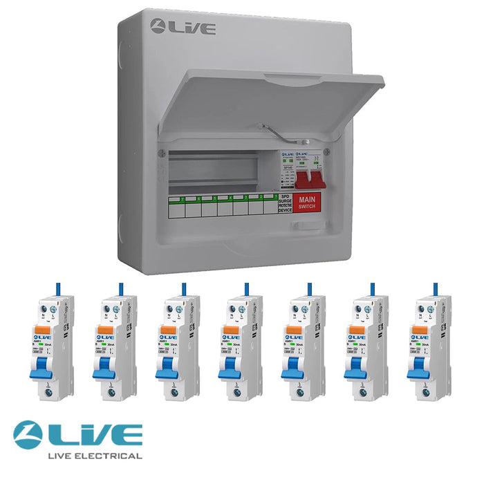 LIVE Electrical LSMC10M-SP 7 Usable Way 20/40kA T2 SPD Metal Consumer Unit & 7 AMR Type A Bi-Directional RCBOs