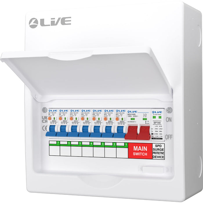 LIVE Electrical LSMC10SRN/100 10 Way Metal Populated SRN Consumer Unit with 100A Main Switch, 20/40kA SPD & 7 RNC DP RCBOs - westbasedirect.com