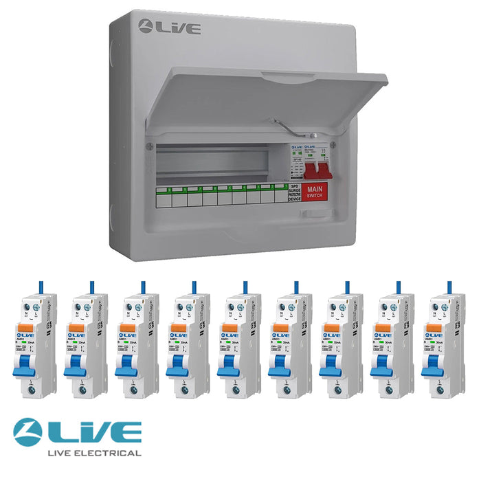 LIVE Electrical LSMC12M-SP 9 Usable Way 20/40kA T2 SPD Metal Consumer Unit & 9 AMR Type A Bi-Directional RCBOs