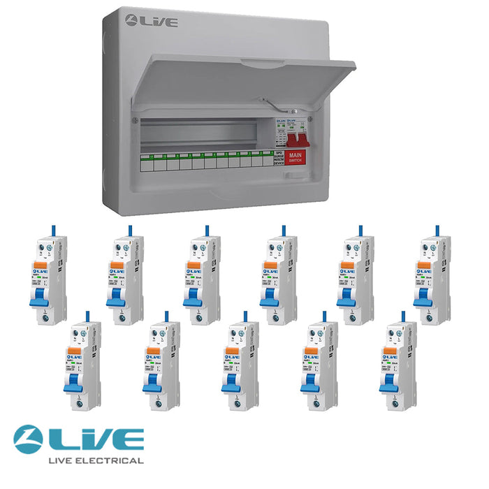 LIVE Electrical LSMC14M-SP 11 Usable Way 20/40kA T2 SPD Metal Consumer Unit & 11 AMR Type A Bi-Directional RCBOs